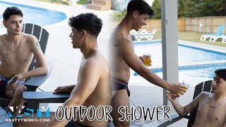 NastyTwinks – Outdoor Shower – Jay Angelo Takes Shower When Jordan Haze Joins, Bareback Shower Fuck